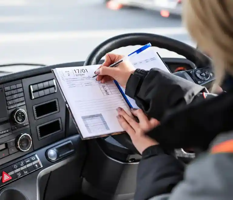 Eine Fahrerin trägt Informationen in ein Fahrertagebuch am Lenkrad eines Lkw ein.