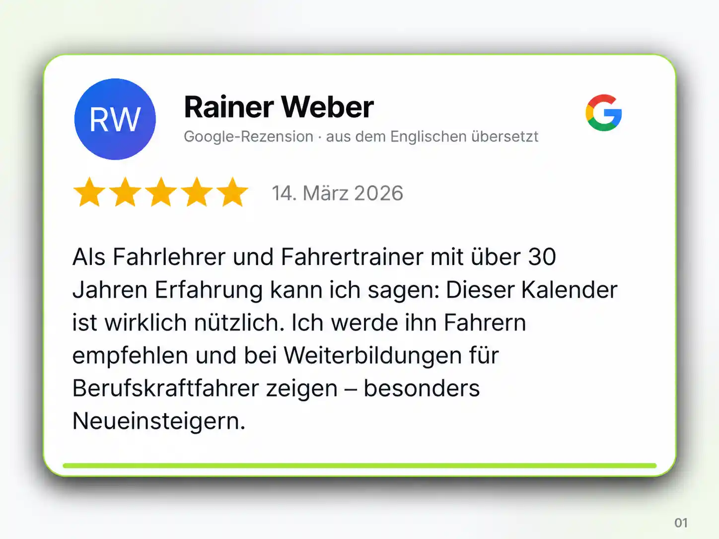Grafik einer 5-Sterne-Google-Rezension von Rainer Weber, Fahrlehrer und Fahrertrainer, zum LKW-Fahrer-Kalender für Berufskraftfahrer.