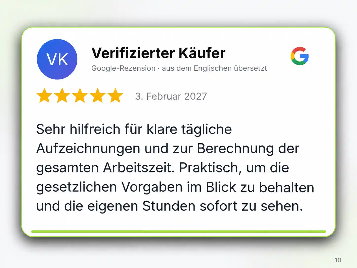 Grafik einer 5-Sterne-Bewertung eines verifizierten Käufers zum LKW-Fahrer-Kalender für Arbeitszeit, tägliche Aufzeichnungen und gesetzliche Vorgaben.