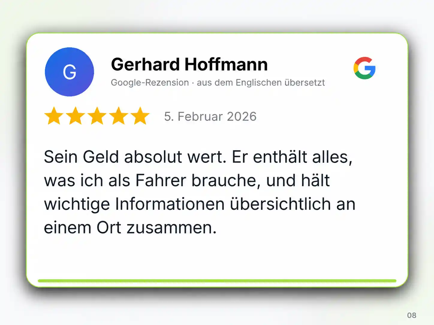Grafik einer 5-Sterne-Google-Rezension von Gerhard Hoffmann über den LKW-Fahrer-Kalender mit wichtigen Informationen für Fahrer an einem Ort.