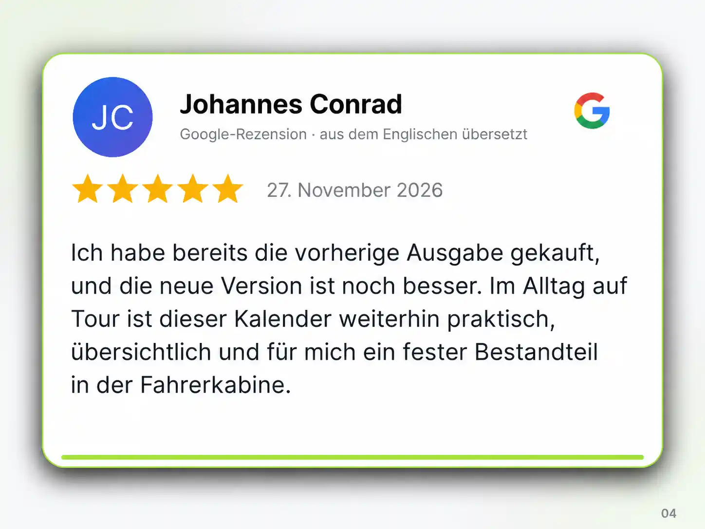 Grafik einer 5-Sterne-Google-Rezension von Johannes Conrad über eine neue Ausgabe des LKW-Fahrer-Kalenders als festen Begleiter in der Fahrerkabine.