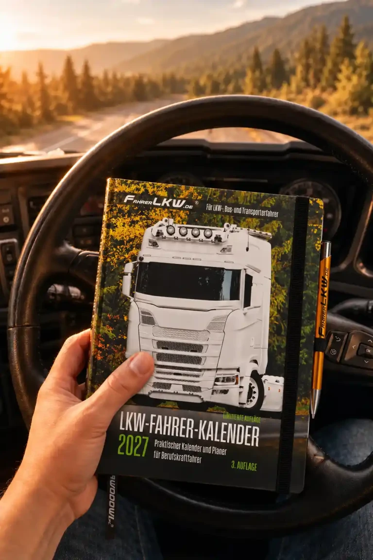 LKW-Fahrer-Kalender 2027 in der Hand vor dem Lenkrad eines LKW mit Berglandschaft im Hintergrund