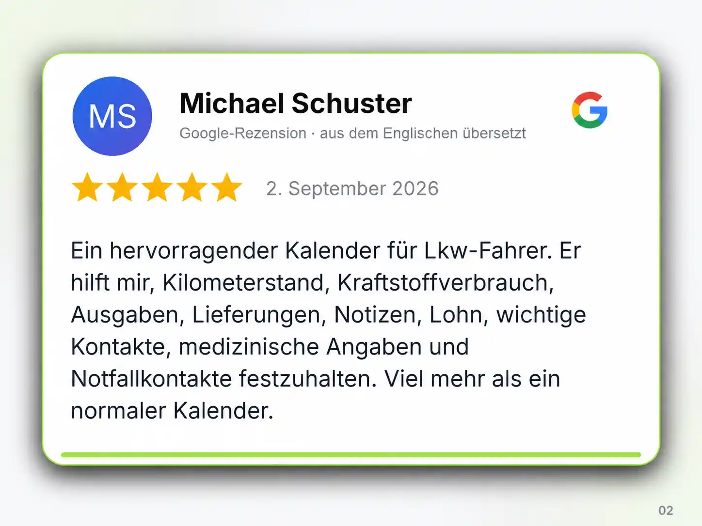 Grafik einer 5-Sterne-Google-Rezension von Michael Schuster über den LKW-Fahrer-Kalender für Kilometerstand, Kraftstoffverbrauch, Ausgaben und Notizen.