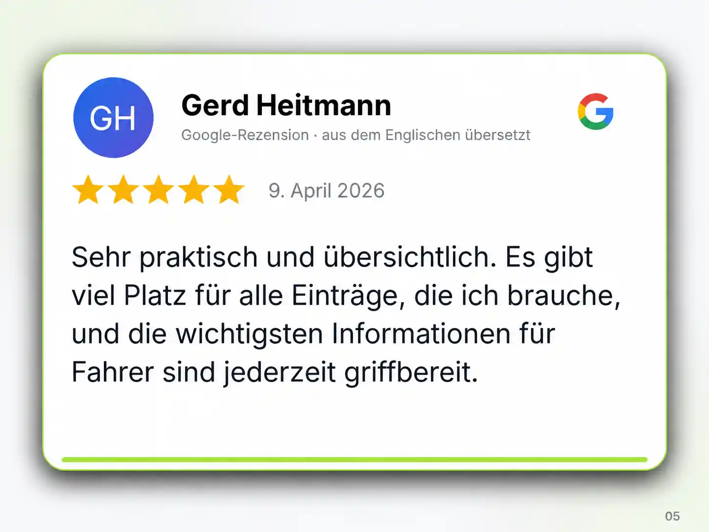 Grafik einer 5-Sterne-Google-Rezension von Gerd Heitmann über den übersichtlichen LKW-Fahrer-Kalender mit Platz für Einträge und wichtige Fahrerinformationen.
