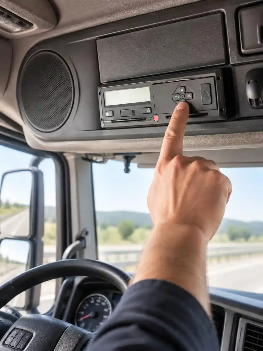 Bedienung eines digitalen Tachographen im Fahrerhaus eines Lkw