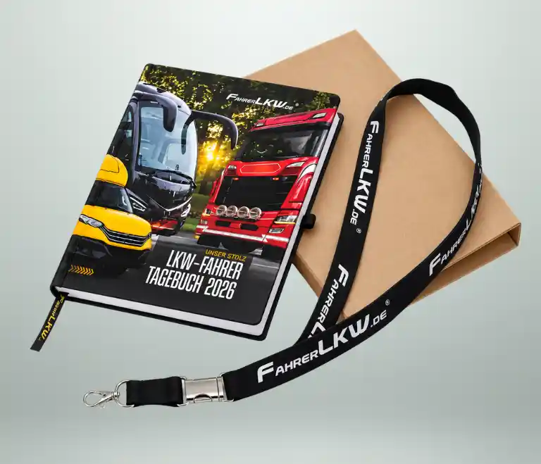 HGV Drivers Diary 2026 mit Lkw-Motiven auf dem Hardcover, neben einer braunen Versandverpackung.