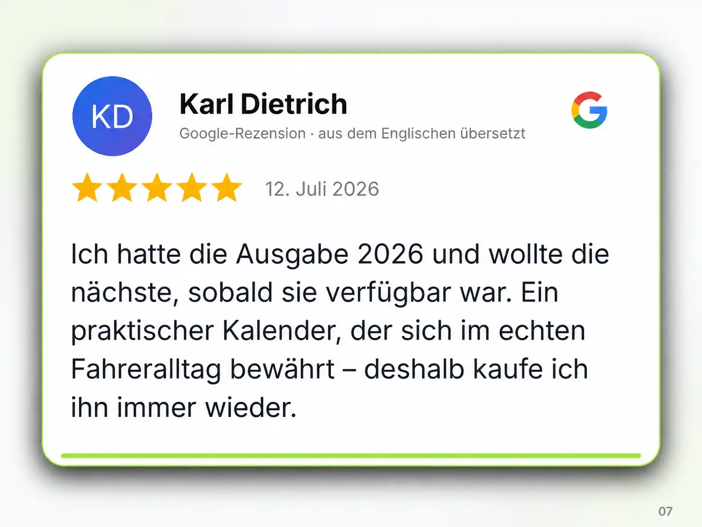 Grafik einer 5-Sterne-Google-Rezension von Karl Dietrich zur Ausgabe 2026 des LKW-Fahrer-Kalenders und zur Nutzung im Fahreralltag.