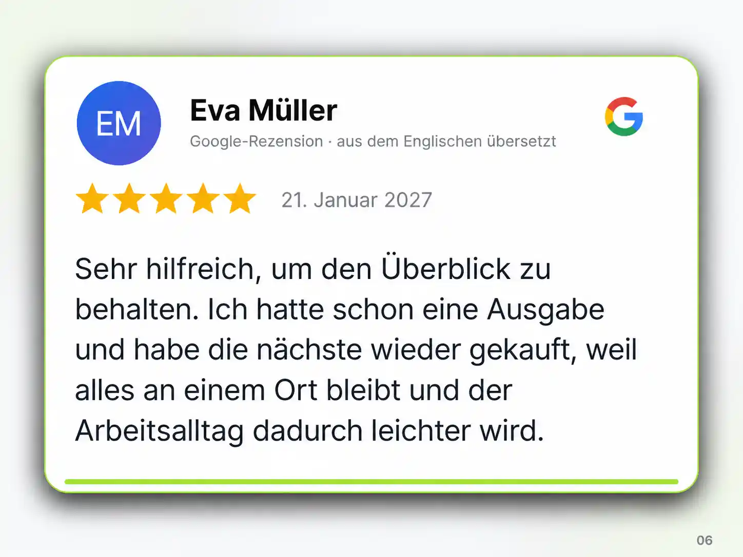 Grafik einer 5-Sterne-Google-Rezension von Eva Müller über den LKW-Fahrer-Kalender als übersichtliche Hilfe im Arbeitsalltag.