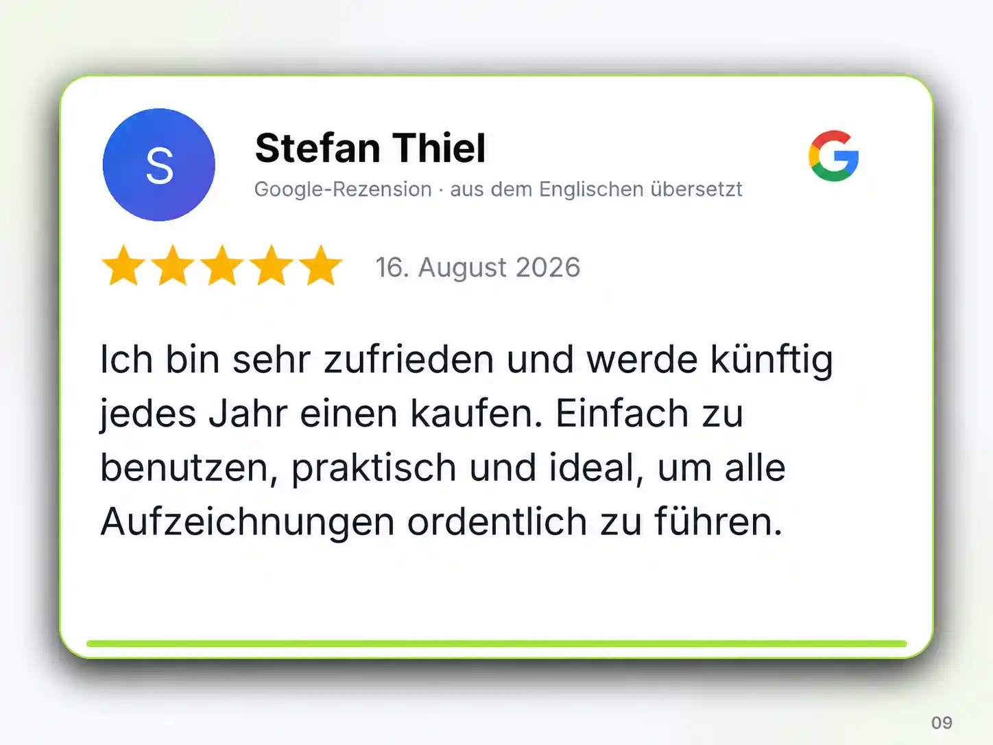 Grafik einer 5-Sterne-Google-Rezension von Stefan Thiel über den praktischen LKW-Fahrer-Kalender zum ordentlichen Führen täglicher Aufzeichnungen.