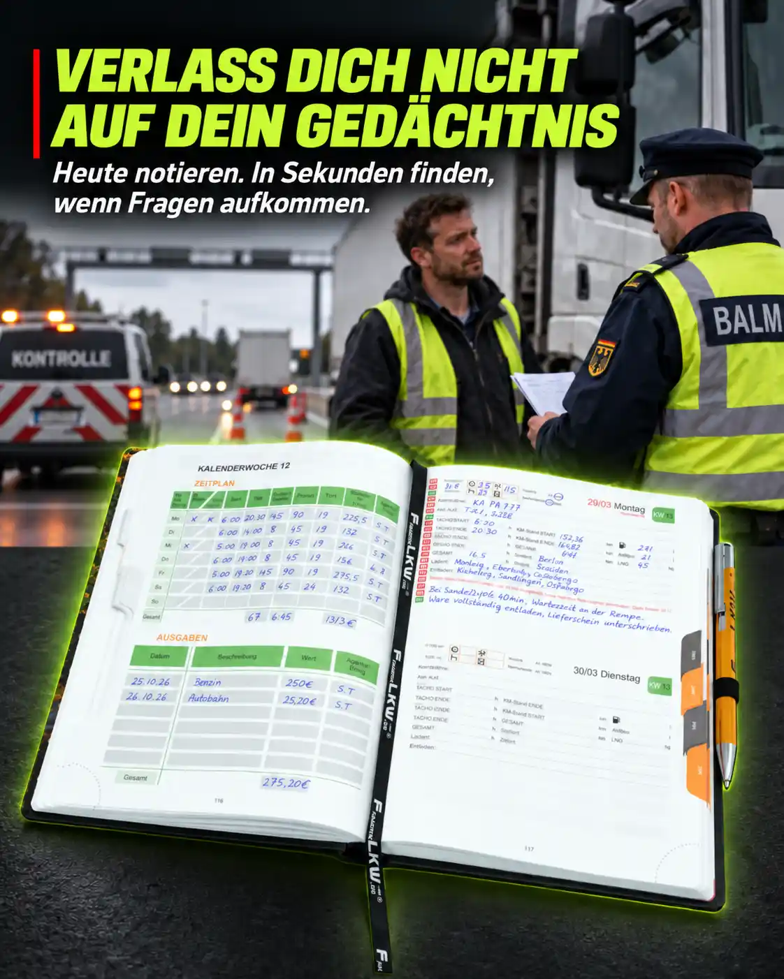 LKW-Fahrer-Kalender 2027 bei einer BALM-Kontrolle – eigene Notizen und Arbeitszeiteinträge griffbereit